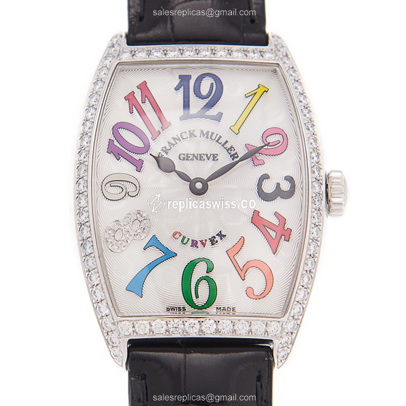 Franck Muller 2852 QZ COL DRM D 1R CD8 Quartz - Diamond Case - White Dial - Black Alligator Strap - Luxury Replica CINTREE CURVEX Watch