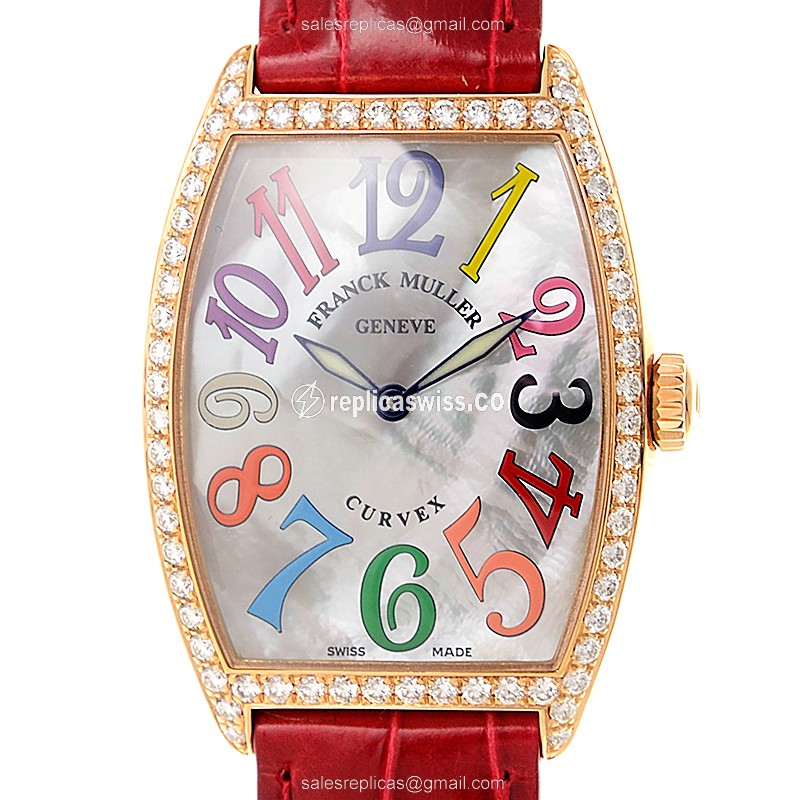 Franck Muller 2852 QZ COL DRM MOP D 1R 5N CINTREE CURVEX - Quartz - Rose Gold Case - White Dial on Red Alligator Strap