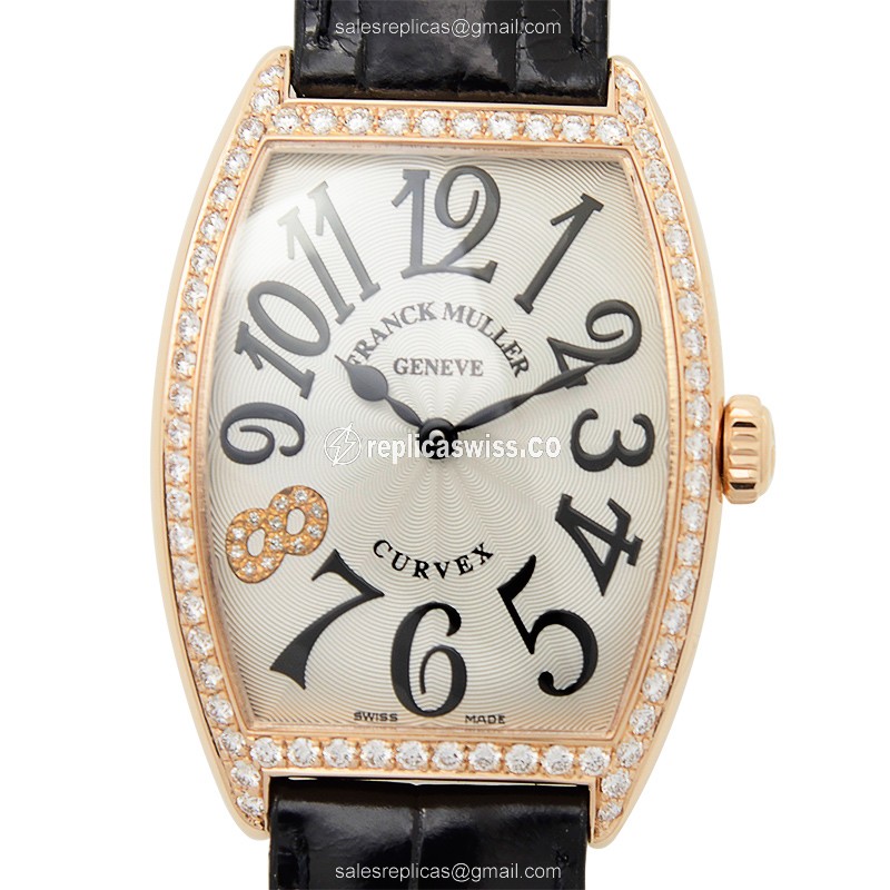 Franck Muller Master Banker Quartz - Rose Gold - Diamonds - Silver Dial - Alligator Black Buckle - Luxury Replica MASTER BANKER Watch