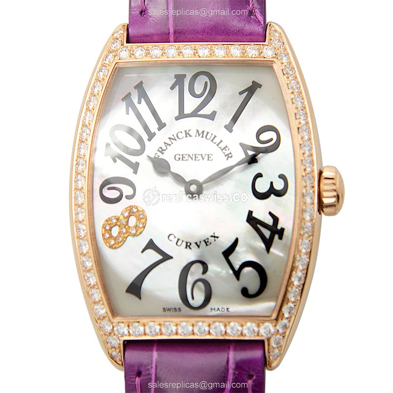 Franck Muller 2852 QZ MOP D 1R CD8 Quartz 18kt Rose Gold Diamonds White Dial Buckle Purple Alligator Strap