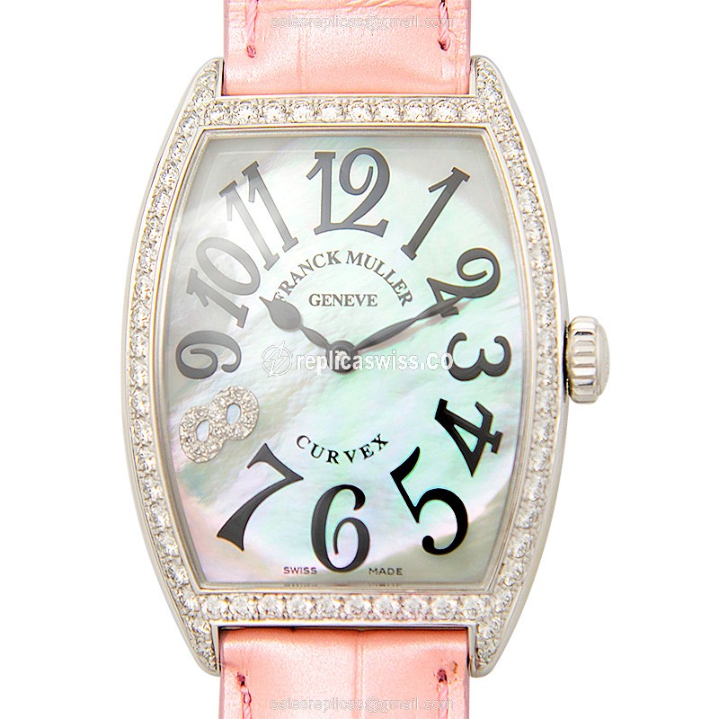 Franck Muller 2852 QZ MOP D 1R CD8 Curvex - Quartz - White Dial - Diamond Case - Pink Alligator Strap - Luxury Replica CINTREE CURVEX Watch