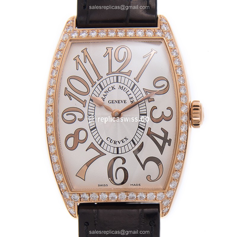 Franck Muller 2852 QZ REL D 1R 5N Replica - Quartz - 18kt Rose Gold - Diamonds on Silver Dial - Leather Strap - Luxury Replica LONG ISLAND Watch