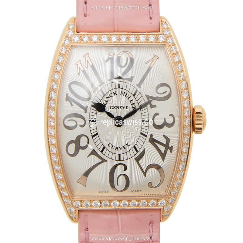 Franck Muller 2852 QZ REL D 1R Replica - Quartz - 18kt Rose Gold - Diamonds Silver Dial Alligator Pink Buckle