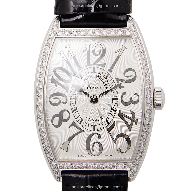 Franck Muller 2852 QZ REL D 1R AC Curvex Quartz - Diamond Case - Silver Dial - Black Alligator Buckle - Luxury Replica CINTREE CURVEX Watch
