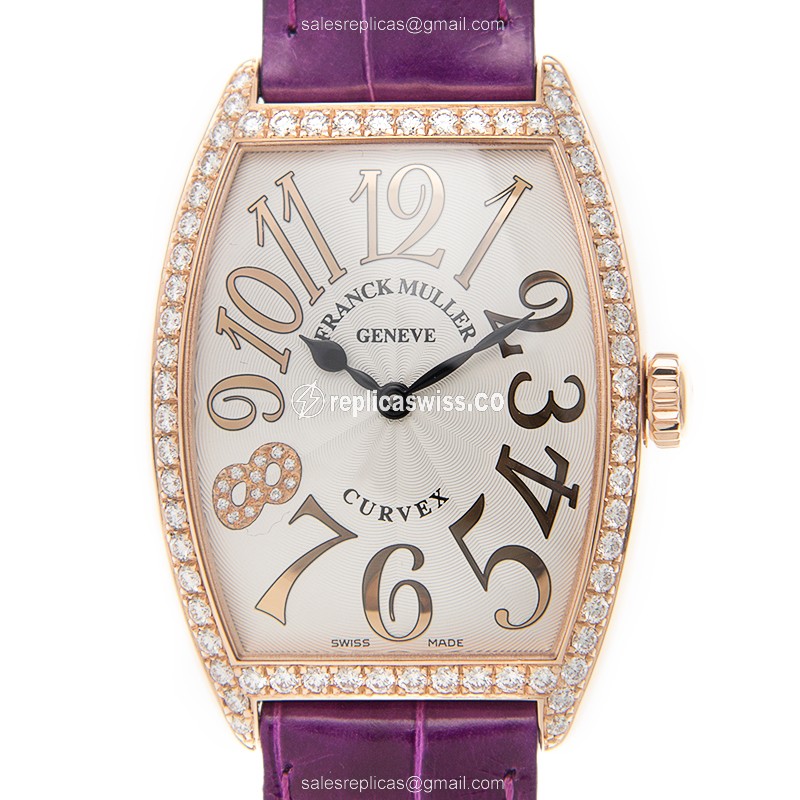 Franck Muller 2852 QZ REL D 1R CD8 Quartz 18kt Rose Gold - Diamond Dial - Silver Case - Purple Alligator Strap - Luxury Replica CINTREE CURVEX Watch