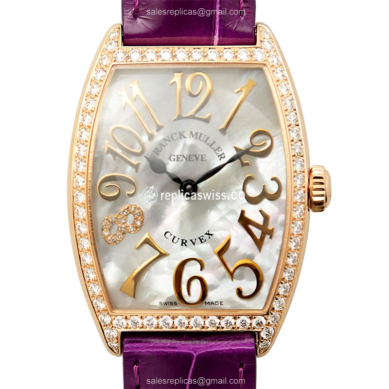 Franck Muller 2852 QZ REL MOP D 1R CD8 Replica - Quartz - Rose Gold Case - Diamonds - White Dial, Alligator Strap
