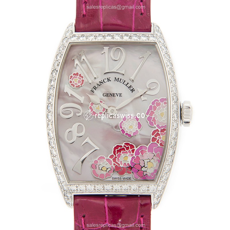 Franck Muller 2852 QZ REL MOP RS D 1RAC Curvex Quartz - Diamond Case - White Dial - Red Alligator Buckle
