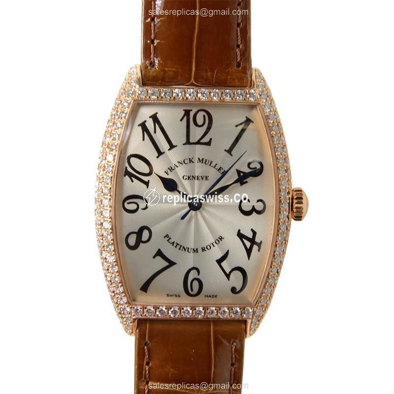 Franck Muller 2852 SC D 5N Master of Comp - Auto - 18kt Rose Gold & Diamond Case - Silver Dial - Brown Alligator Buckle