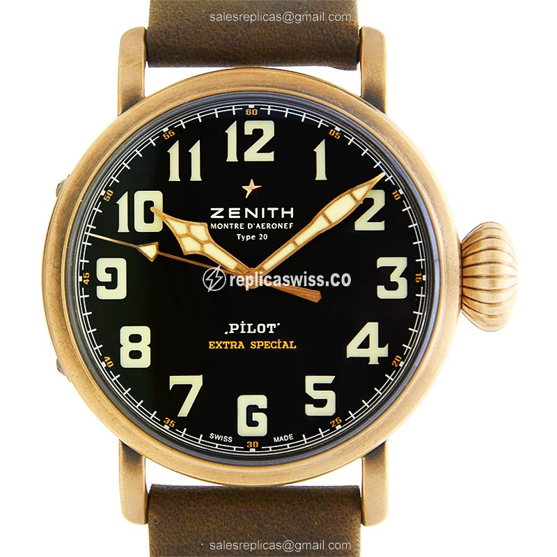 Zenith PILOTS Replica - Automatic - Bronze Case - Black Dial - Brown Cowhide Strap
