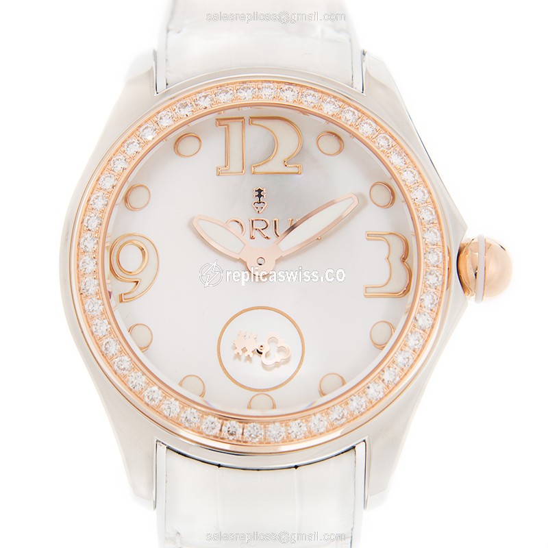 Corum Bubble Replica - Automatic - 18kt Rose - Diamond - Gray Dial - Alligator White Buckle - Luxury Replica BUBBLE Watch
