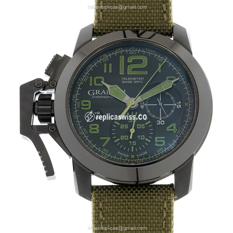 Graham Chronofighter Replica - Automatic - Carbon Fiber - Ceramic Case - Black Dial - Green Canvas Strap - Luxury Replica CHRONOFIGHTER Watch