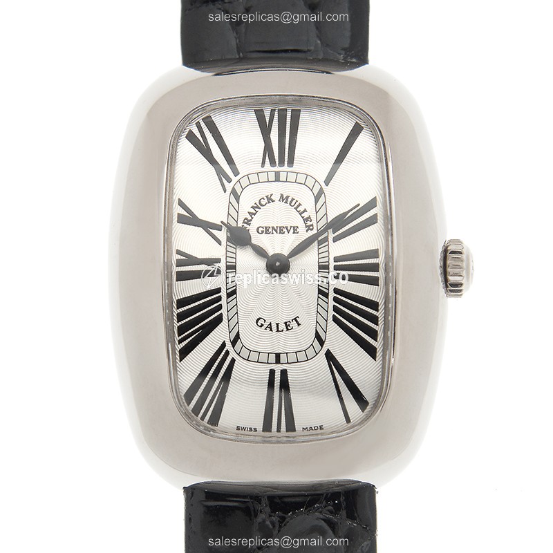 Franck Muller 3002 L QZ R GALET Quartz - 18kt White Gold - Silver Dial - Leather Black Strap - Buckle Clasp - Luxury Replica GALET Watch