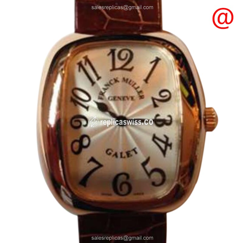 Franck Muller 3002 GALET Quartz - 18kt Rose Gold Case - Silver Dial - Brown Leather Strap - Buckle Clasp - Luxury Replica GALET Watch