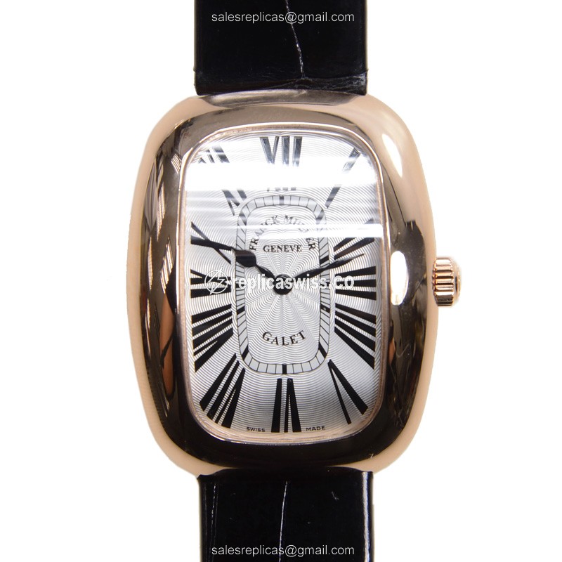 Franck Muller 3002 GALET Replica - Quartz - 18kt Rose Gold - Silver Dial - Black Alligator Strap - Luxury Replica GALET Watch