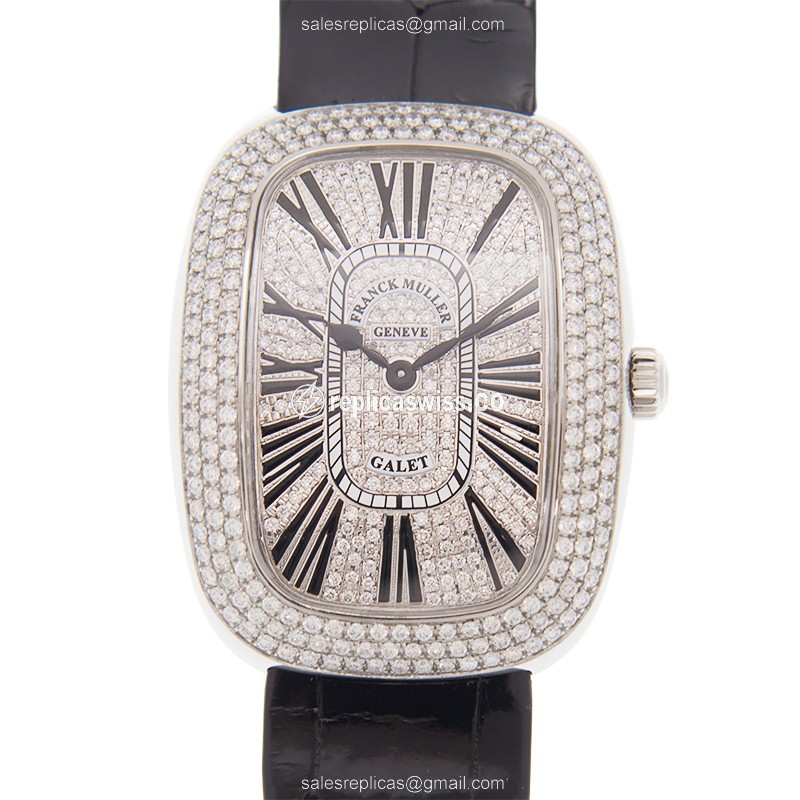 Franck Muller 3002 M QZ R Replica - Quartz - Diamond Case - Silver Dial, Leather Strap - Luxury Replica LADIES COLLECTION Watch