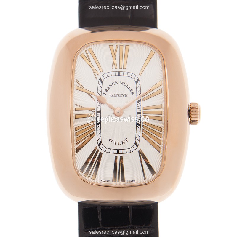 Franck Muller 3002 M QZ REL R 5N LADIES - Quartz - 18kt Gold Case - White Dial, Black Cowhide Strap - Luxury Replica LADIES COLLECTION Watch