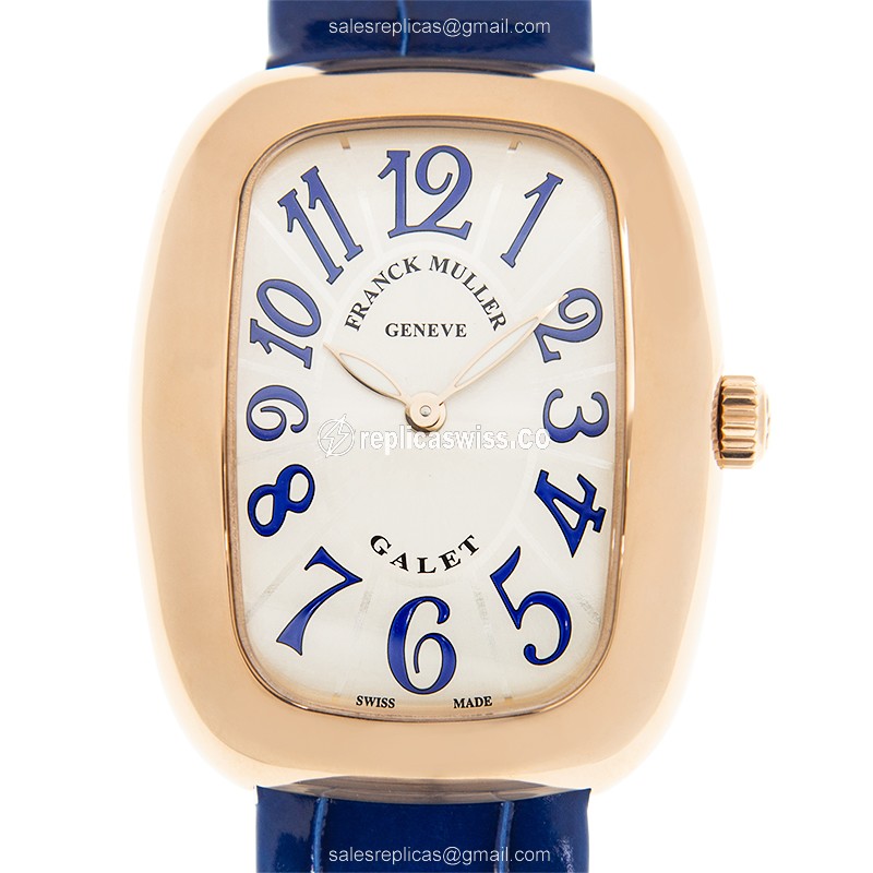 Franck Muller 3002 M QZ V BU Quartz 18kt Rose Gold - Silver Dial - Leather Blue - Buckle Clasp - Luxury Replica GALET Watch