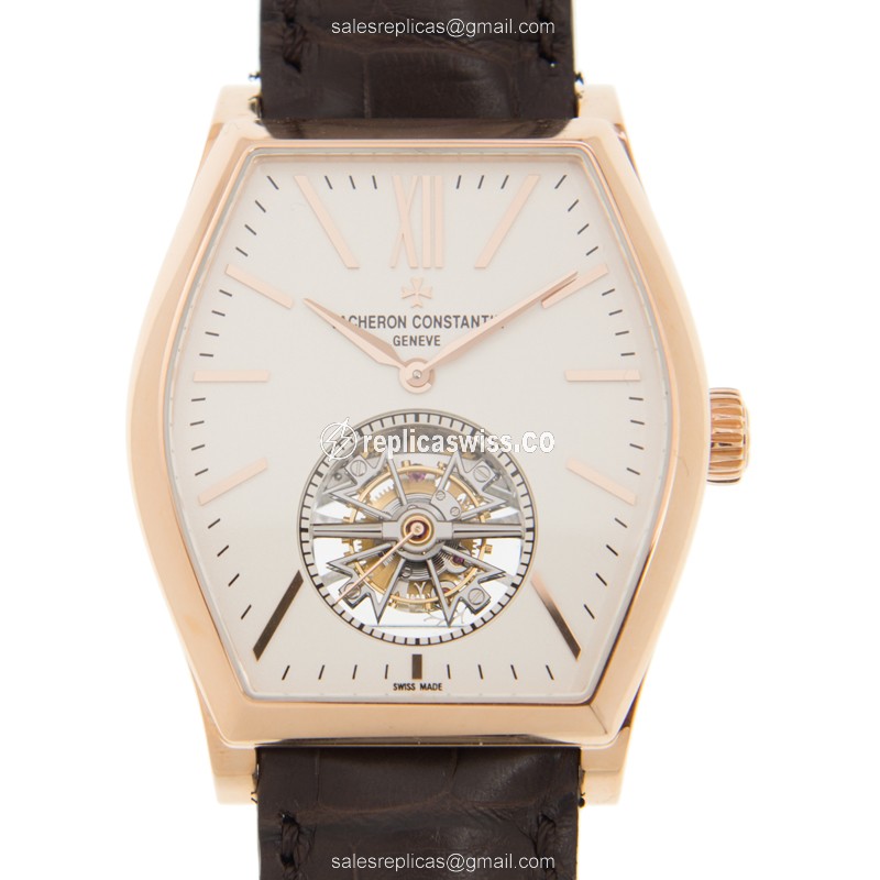 Vacheron Constantin Replica - 30130/000R-9754 - Manual Wind - 18kt Rose Gold Case - White Dial - Brown Alligator Strap - Luxury Replica MALTE Watch