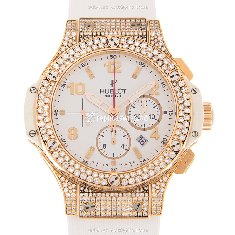 Hublot Big Bang Replica - Automatic - 18kt Rose Gold Case - White Dial - Rubber Strap - Luxury Replica BIG BANG Watch