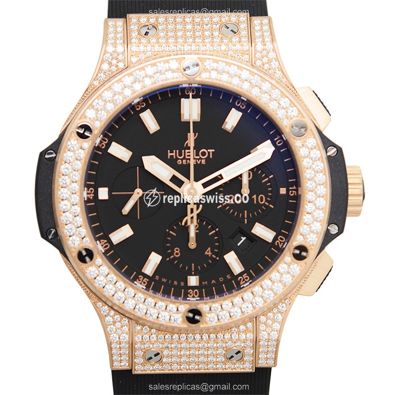 Hublot BIG BANG Replica - Automatic - 18kt Rose Gold - Diamonds - Black Dial - Rubber Strap