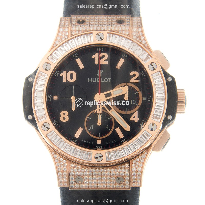 Hublot BIG BANG Replica - Auto - 18kt Rose Gold - Diamond Bezel - Black Dial - Rubber Strap