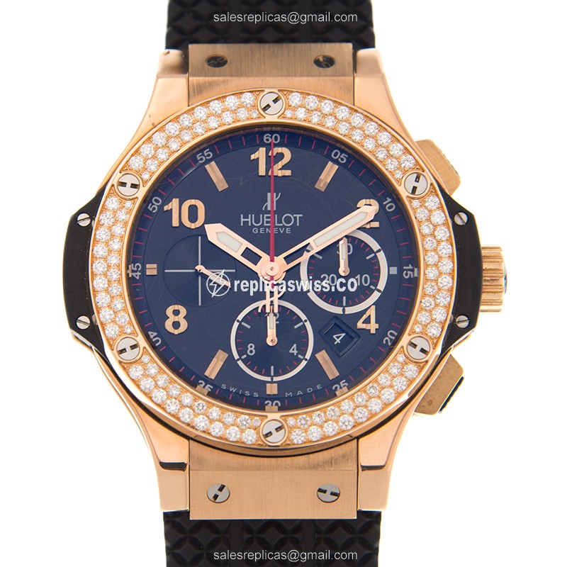 Hublot BIG BANG Replica - Automatic - 18kt Rose Gold - Diamonds - Black - Rubber Yellow Strap - Luxury Replica BIG BANG Watch
