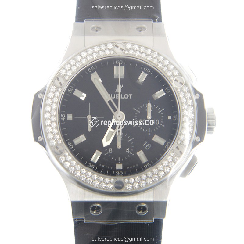 Hublot Big Bang Replica - Automatic - Stainless Steel - Diamond Bezel - Black Dial - Rubber Strap