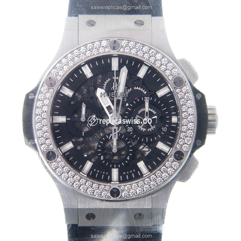Hublot BIG BANG Replica - Automatic - Stainless Steel & Diamond - Black Dial - Rubber Strap