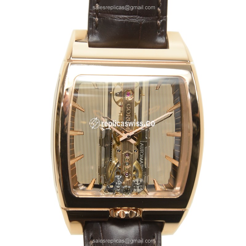 Corum BRIDGE Replica - Automatic - 18kt Rose Gold - Gold Dial - Brown Alligator Strap