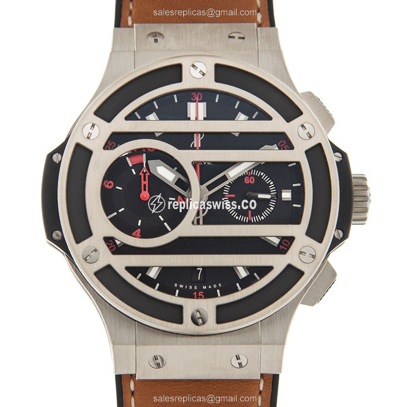 Hublot BIG BANG Manual - Titanium Case - Black Dial - Brown Cowhide - Clasp - Luxury Replica BIG BANG Watch