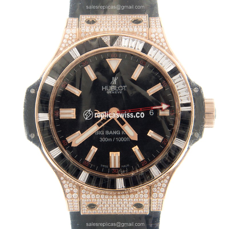 Hublot BIG BANG Replica - 18kt Rose Gold - Diamonds - Black Dial - Automatic - Rubber Strap