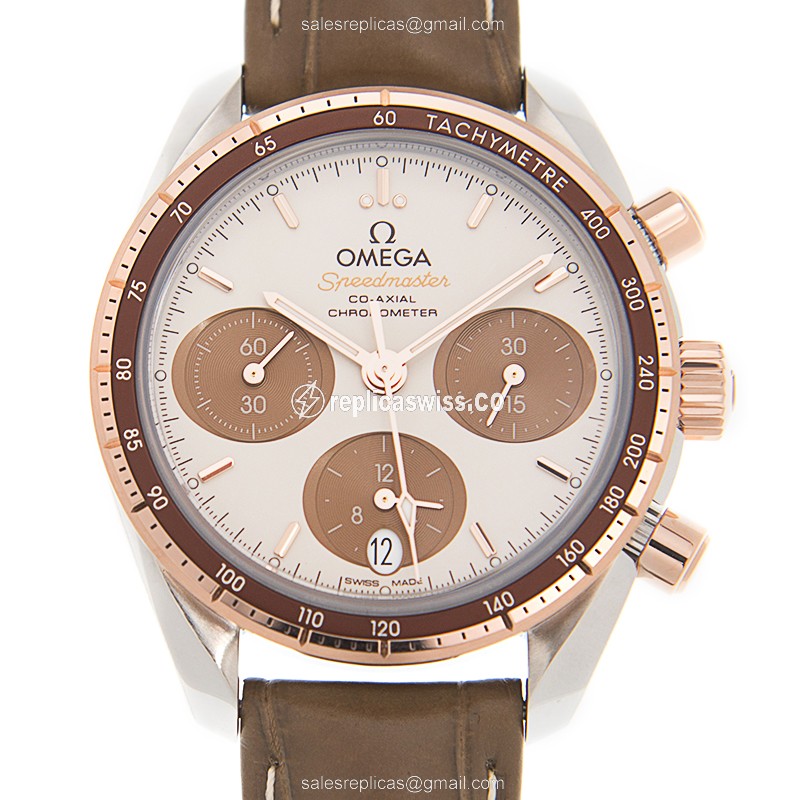 Omega Speedmaster 324.23.38.50.02.002 - Auto - 18kt Rose & Steel - White Dial - Brown Leather Strap - Luxury Replica SPEEDMASTER Watch