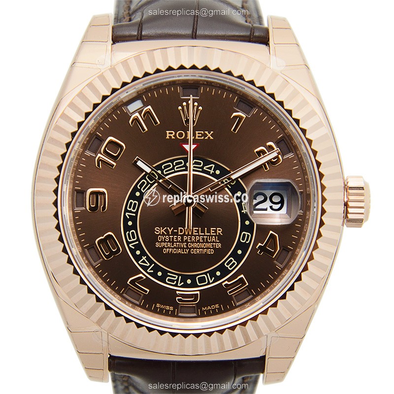 Rolex 326135BR Replica - Automatic 18kt Rose Gold - Brown Dial - Alligator Brown Strap - Luxury Replica SKY-DWELLER Watch