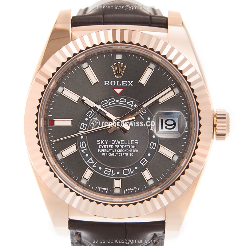 Rolex Sky-Dweller Replica - Automatic - 18kt Gold - Gray Dial, Brown Alligator Strap - Luxury Replica SKY-DWELLER Watch