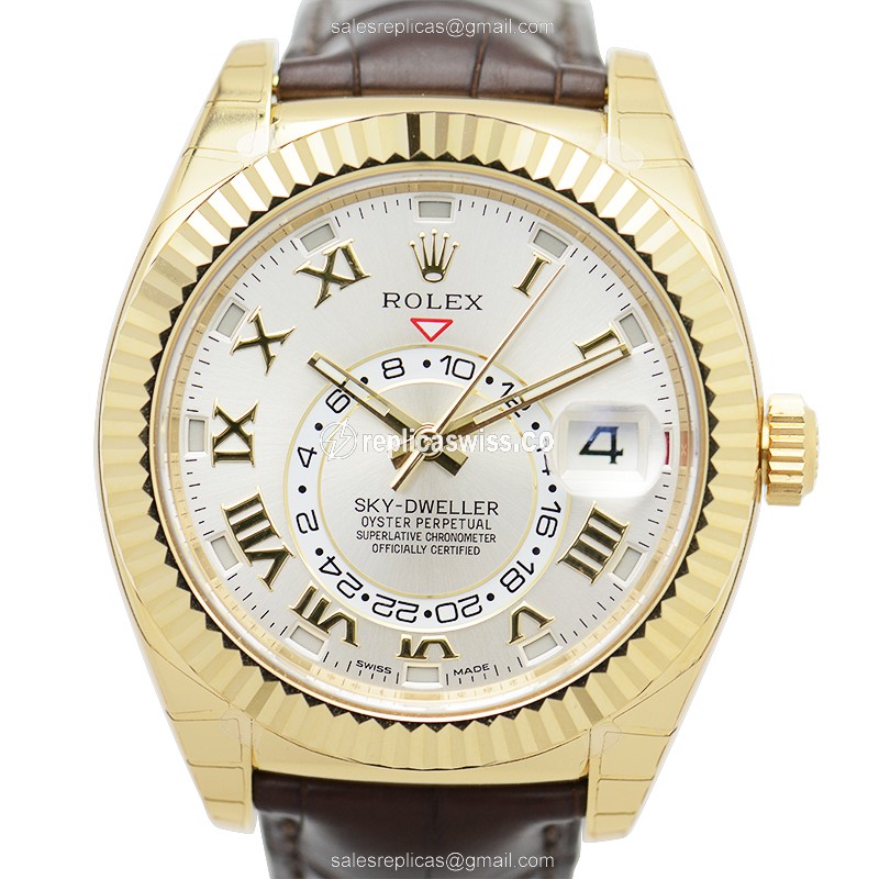 Rolex Sky-Dweller Replica - Automatic - 18kt Yellow Gold Case - Silver Dial - Brown Alligator Strap