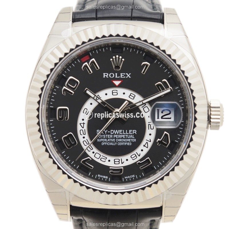 Rolex Sky-Dweller Replica - Automatic - 18kt Gold - Black Dial on Leather Strap - Luxury Replica SKY-DWELLER Watch