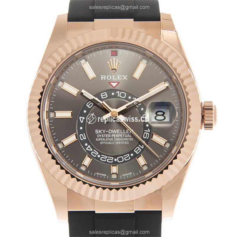Rolex Sky-Dweller 326235-0006 Replica - Automatic - 18kt Rose Gold - Gray Dial - Rubber Strap - Luxury Replica SKY-DWELLER Watch