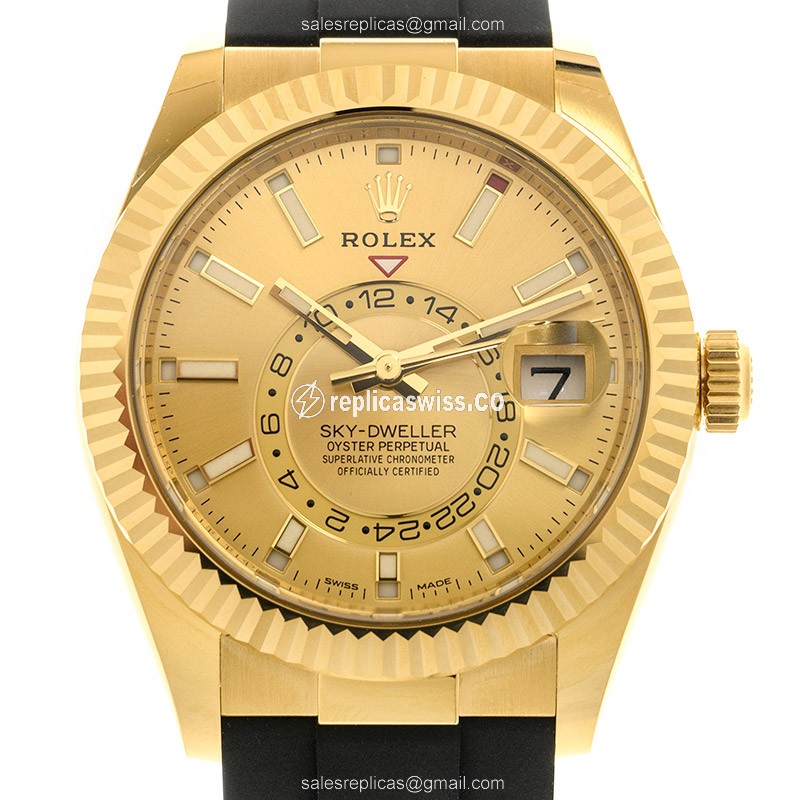 Rolex Sky-Dweller Replica - Automatic - 18kt Yellow Gold - Gold Dial - Rubber Strap - Luxury Replica SKY-DWELLER Watch