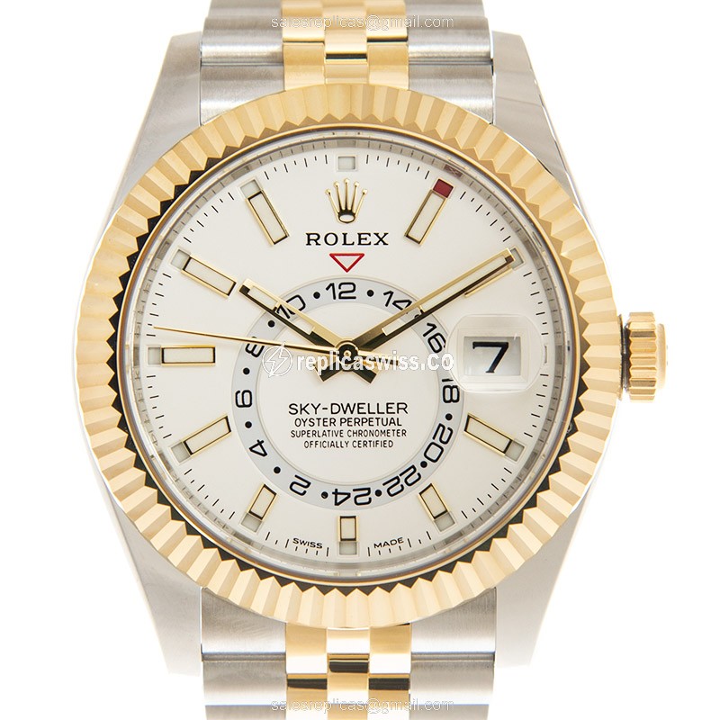 Rolex Sky-Dweller Replica - Automatic - 18kt Gold & Steel - White Dial - Gold Clasp - Luxury Replica SKY-DWELLER Watch