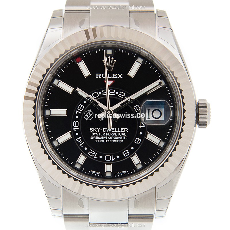Rolex Sky-Dweller Replica - Automatic - 18kt White Gold & Steel - Black Dial - Silver Steel Strap - Luxury Replica SKY-DWELLER Watch