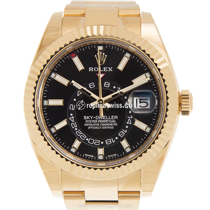 Rolex Sky-Dweller Replica - Automatic - 18kt Yellow Gold - Black Dial - Gold Clasp - Luxury Replica SKY-DWELLER Watch