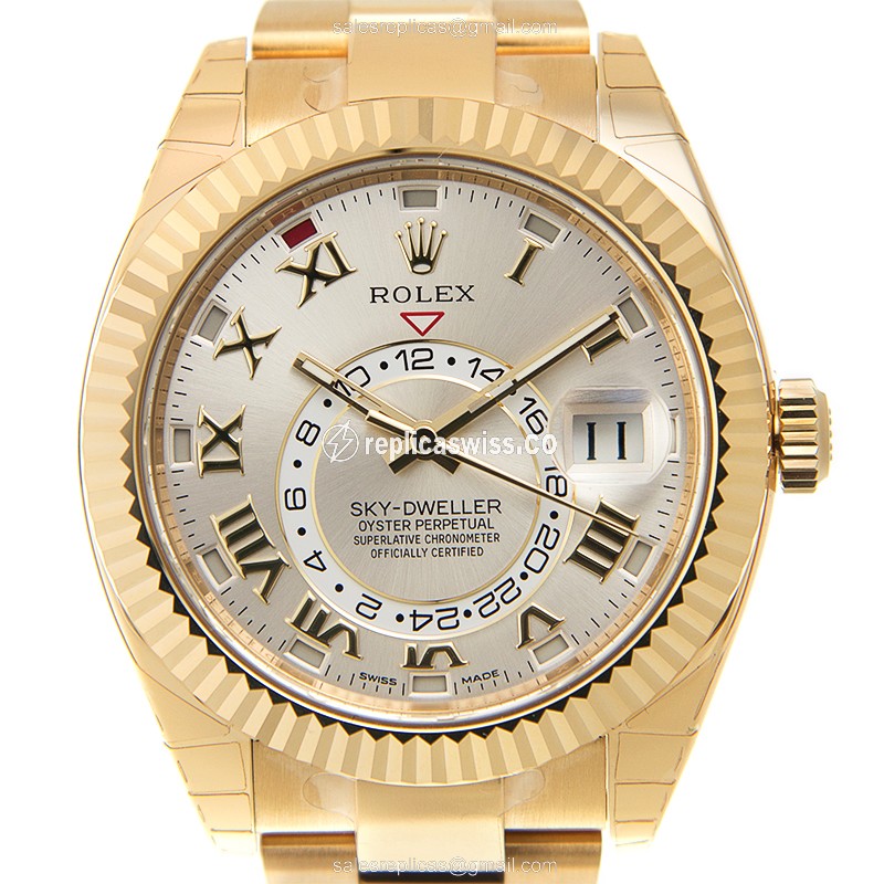 Rolex Sky-Dweller Replica - Auto - 18kt Yellow Gold - Silver Dial - Gold Strap - Luxury Replica SKY-DWELLER Watch