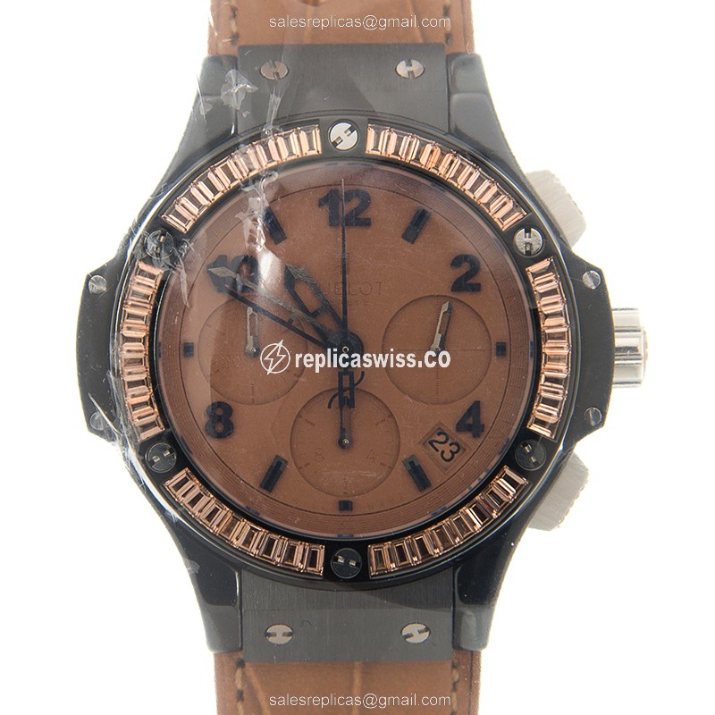 Hublot BIG BANG Replica - Automatic - Ceramic - Brown Dial - Diamond - Leather Strap