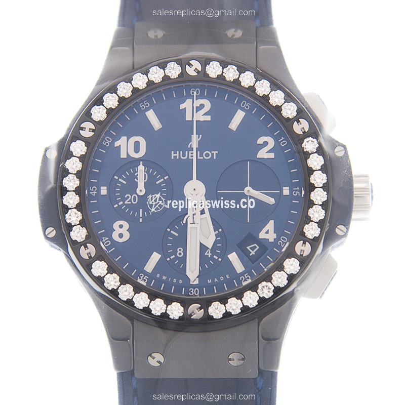 Hublot BIG BANG Replica - Automatic - Ceramic - Diamond Case - Blue Dial - Alligator Blue Strap - Luxury Replica BIG BANG Watch