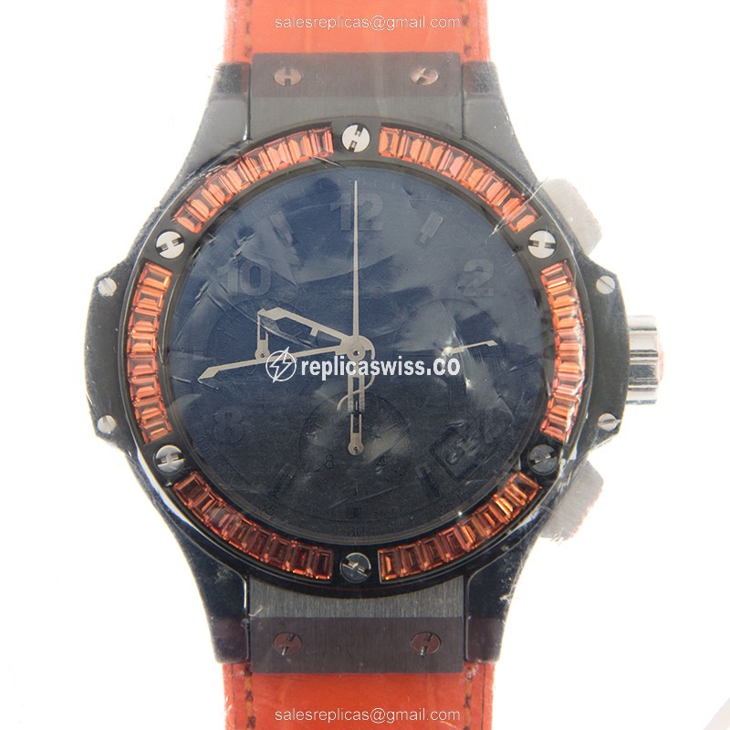 Hublot Big Bang Replica - Automatic - Ceramic - Black Dial - Orange Alligator Strap
