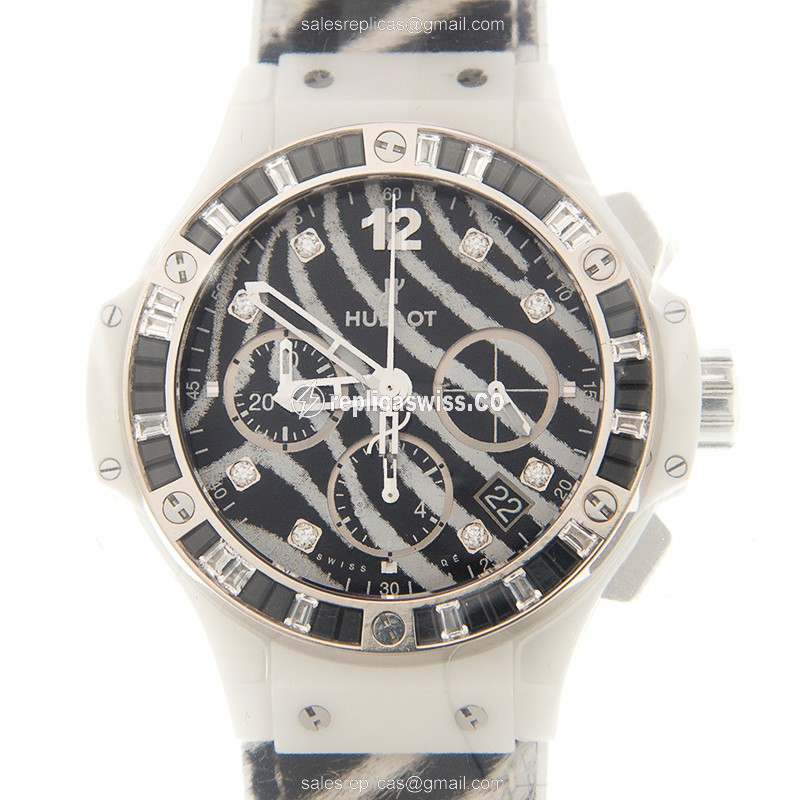 Hublot BIG BANG Replica - Automatic - Ceramic - Diamond Case - White Dial - White Cowhide Strap