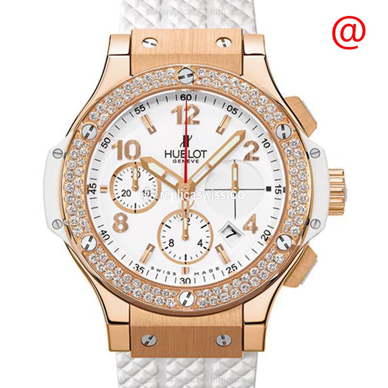 Hublot BIG BANG Replica - Automatic - 18kt Rose Gold - Diamonds - White Dial - Rubber Strap - Luxury Replica BIG BANG Watch