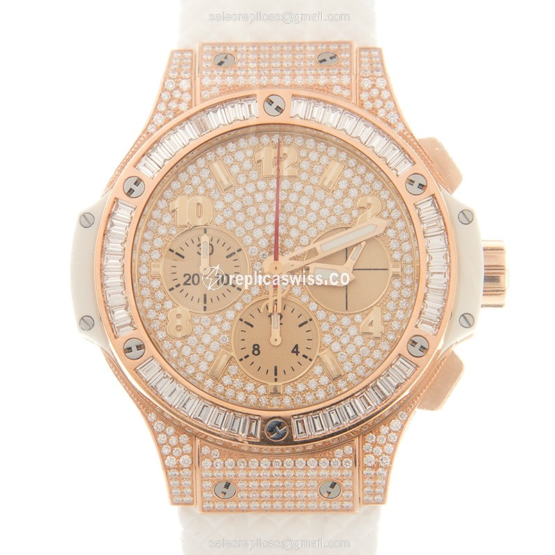 Hublot BIG BANG Replica - Automatic - 18kt Rose Gold - Diamonds - Silver Dial - White Rubber Strap