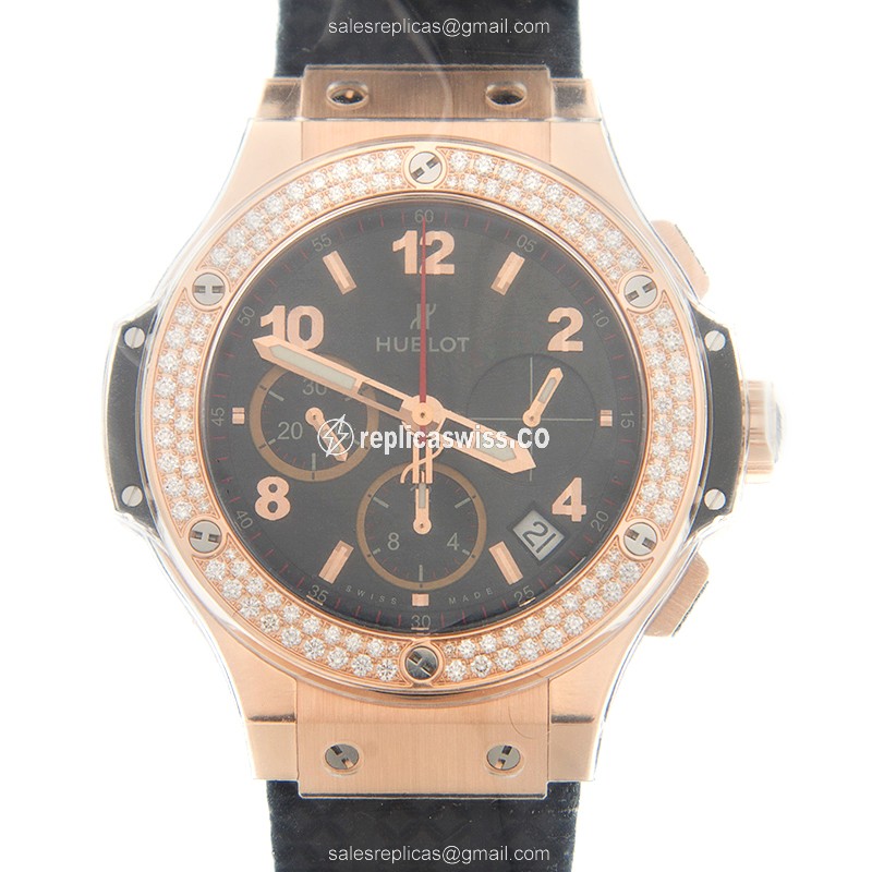 Hublot Big Bang Replica - Automatic - 18kt Rose Gold - Diamond Bezel - Black Dial - Leather Strap