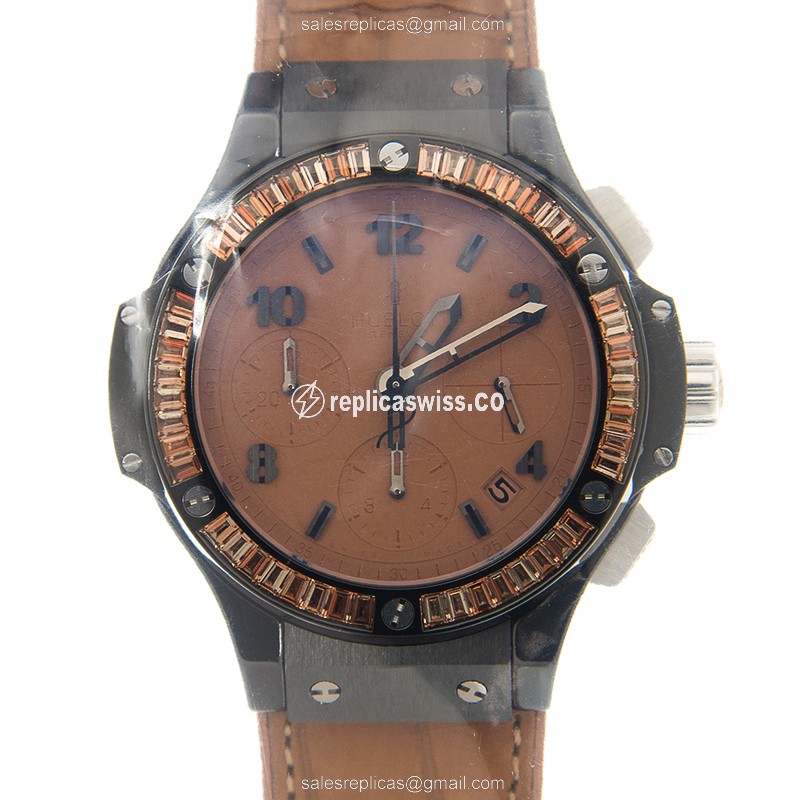 Hublot Big Bang Replica - Automatic - Ceramic - Diamonds - Brown Dial - Alligator Brown Strap - Luxury Replica BIG BANG Watch